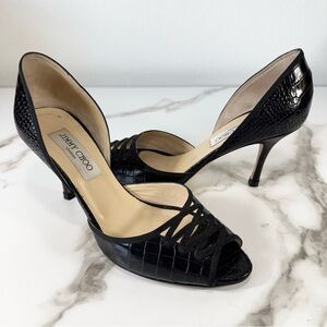 Jimmy Choo Aura Black Leather Croc-Embossed Peep Toe Stiletto High Heels, 7.5